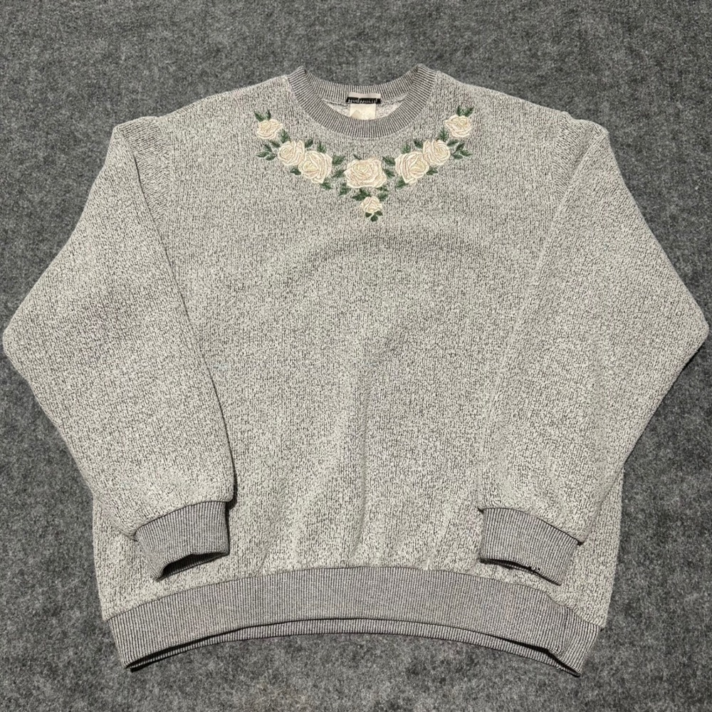 Bonworth Vintage Floral Rose Embroidered Gray Sweatshirt Retro Size Large